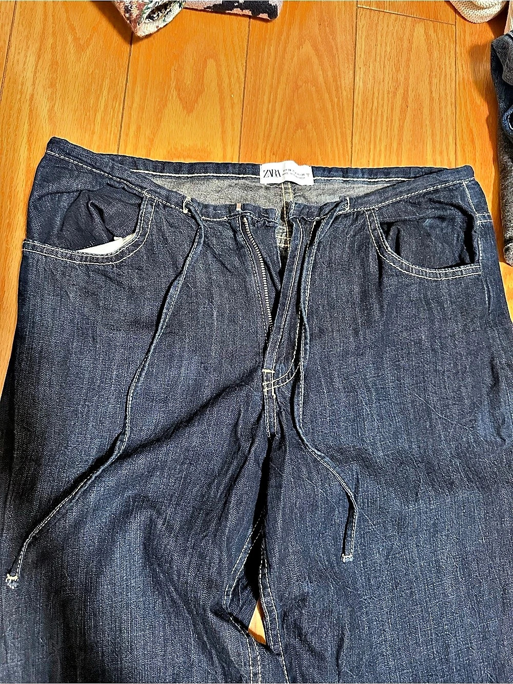 Zara Wide Leg Jeans with Drawstrings Women's Straight Leg Blue